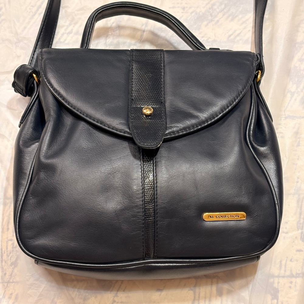 KL Collection Crossbody Bag Women Small Navy Blue Good Faux Reptile Trim Handbag
